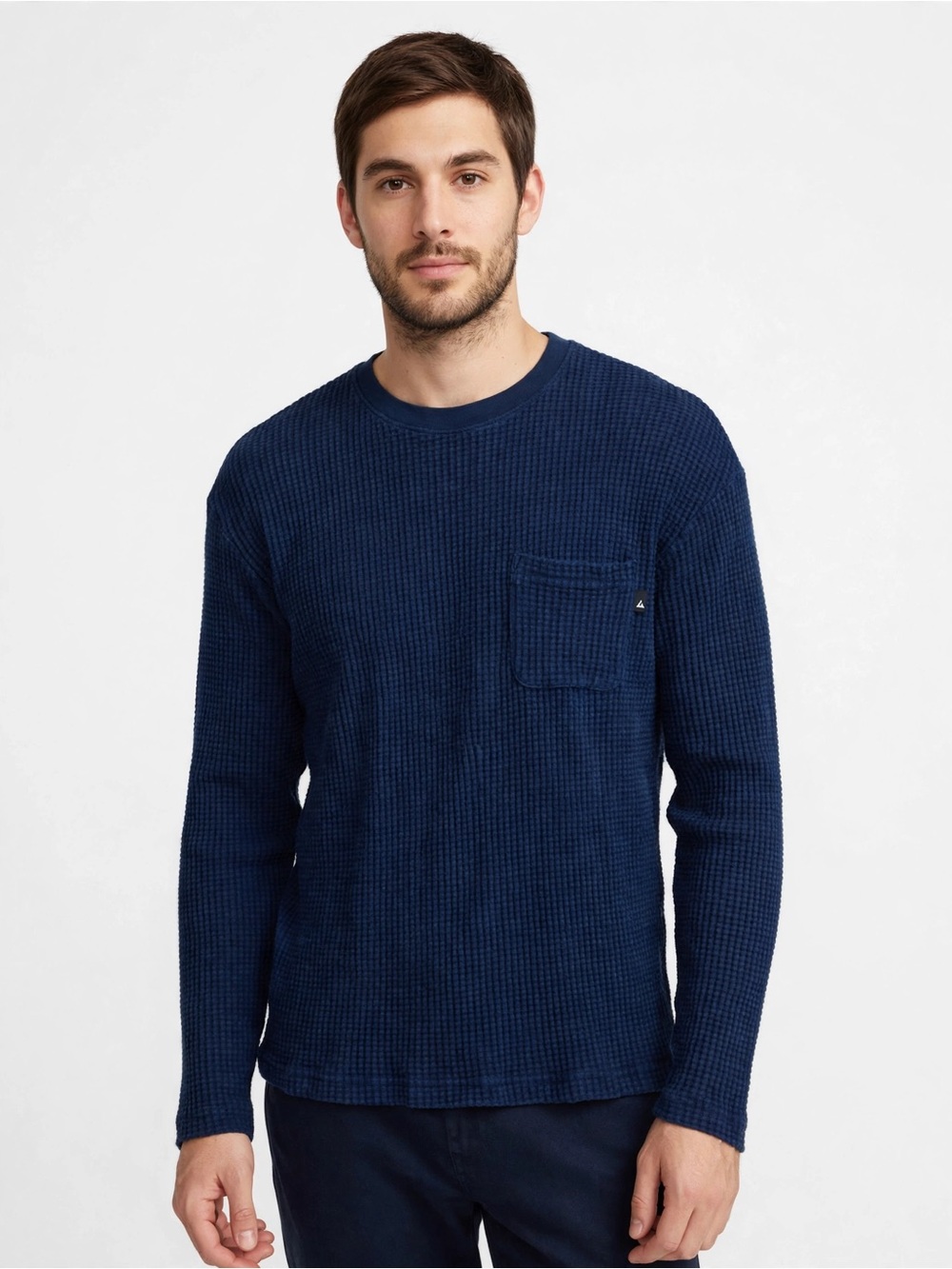 American Giant L Navy Waffle Knit Long Sleeve Pocket Shirt Made In USA Mens
